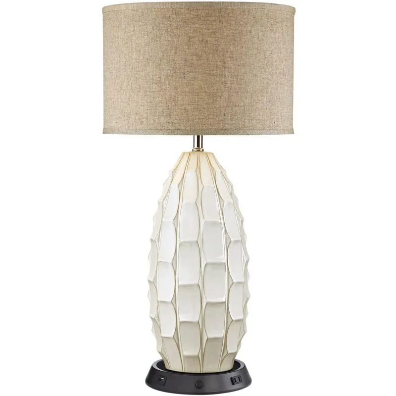 Possini Euro Design Cosgrove Modern Mid Century Table Lamp 32 3/4" Tall White Glazed Ceramic with Table Top Dimmer Beige Fabric Drum Shade for