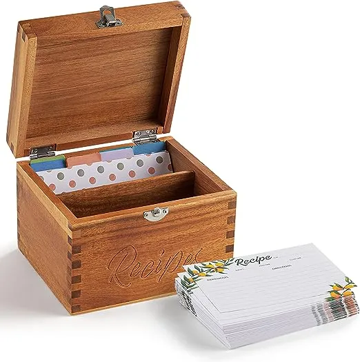 Acacia Wood Recipe Box with Cards - Blank Recipe Box Wooden Set Come with 100 4X