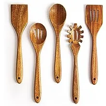 KITEISCAT Acacia Wooden Spoons for Cooking: 5-Piece Kitchen & Cooking Utensils Set - Wooden Spatula, Slotted & Pasta Spoon - Essential Wooden Utensil Set