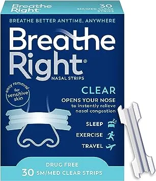 Breathe Right Original Nasal Strips, Clear Nasal Strips, Small/ Medium, For Sensitive Skin, Help Stop Snoring, Drug-Free Snoring Solution & Nasal Congestion Relief Caused By Colds & Allergies, 30 Ct.