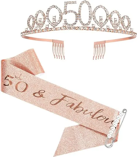 50th Birthday Sash and Tiara for women, 50 & Fabulous Birthday Sash Crown 50th Sash and Tiara for Women, Rose Gold Sash and Tiara