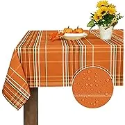 Autumn Fall Tablecloth for Thanksgiving, Gingham Buffalo Plaid Table Cloth, Checkered Waterproof Spillproof Table Cover for Dinner Kitchen Party Holiday Decoration, Yellow Orange, Square 55 x 55 Inch