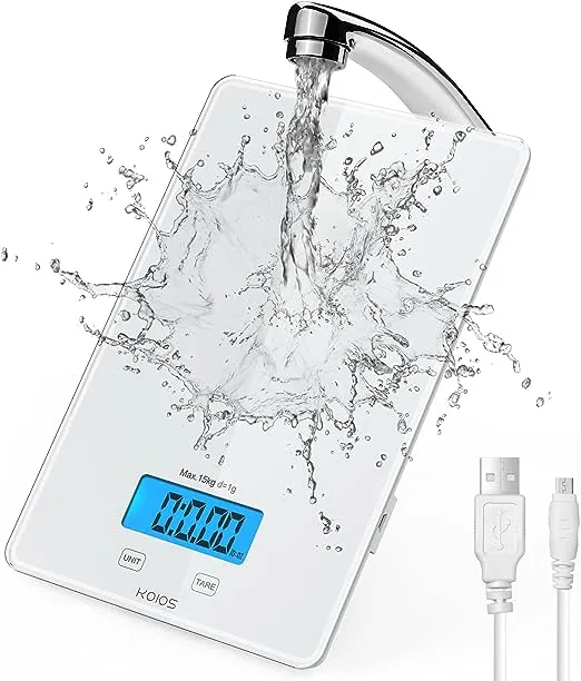 KOIOS USB Rechargeable Food Scale, 33lb/15Kg Kitchen Scale Digital Weight Grams and oz for Cooking Baking, 1g/0.1oz Precise Graduation, Waterproof Tempered Glass, 6 Weight Units, Tare Function