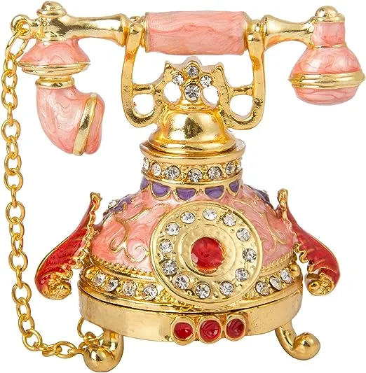 QIFU Vintage Small Pink Telephone Shaped Trinket Box with Rich Enamel and Sparkling Rhinestones Unique Gift for Family