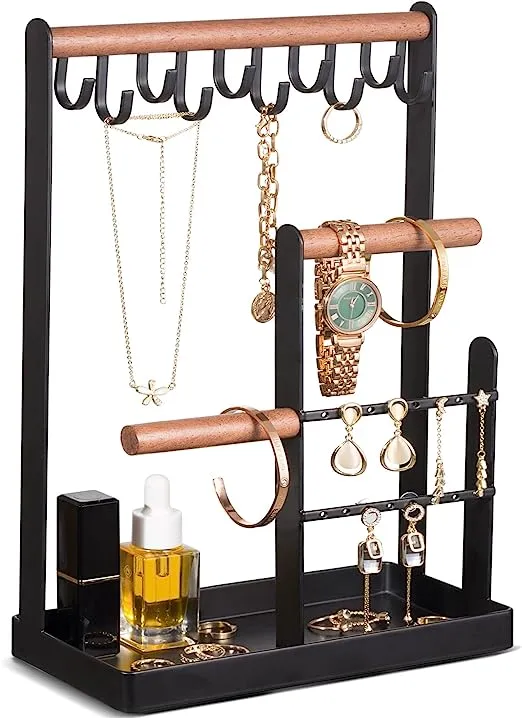 ProCase Jewelry Organizer Stand Necklace Holder, 4-Tier Jewelry Tower Rack with Earring Tray and Holes, 10 Hooks Necklaces Hanging Storage Tree