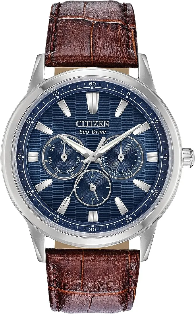 Citizen Men's Eco-Drive Corso Classic Watch in Stainless Steel with Brown Leather strap, Blue Dial (Model: BU2070-12L)