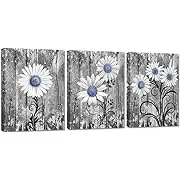 Zlove 3 Pieces Bathroom Daisy Picture Wall Art Rustic Blue Daisy Flowers Giclee Print Gallery Wrap Modern Floral Home Kitchen Decor Ready to Hang 12x16inchx3pcs