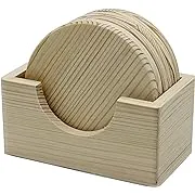 6 Pack of Unfinished Wood Coasters with Holder – 4 Inch Round Wooden Coaster DIY Craft, Sanded and Ready to Decorate, Paint or Stain