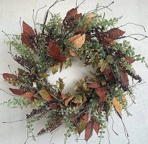 24 Inch Fall Front Door Wreath Burgundy Berry Wreath with Mixed Magnolia Maple Leaves Large Decor on Farmhouse Grapevine for Christmas Celebration Front Door Wall Window Home Decoration