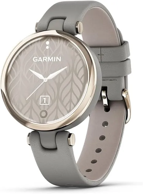 Garmin Lily™ Stylish Small Smartwatch, Bright Touchscreen Display and Patterned Lens, Cream Gold and Grey, Leather Band