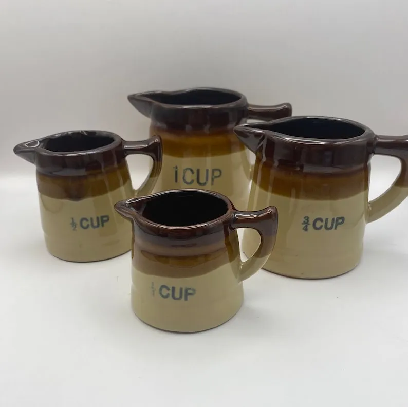 Brown Glazed Vintage Stoneware Liquid Measuring Cups, Set of Four