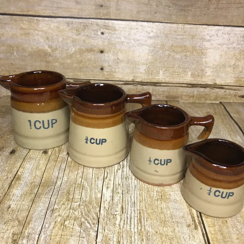 Brown Glazed Vintage Stoneware Liquid Measuring Cups, Set of Four