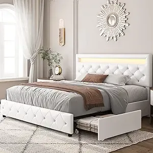 Size Bed Frame LED Upholstered Platform Bed Frame with 4 Drawers and LED Lights Headboard and USB Charging Station