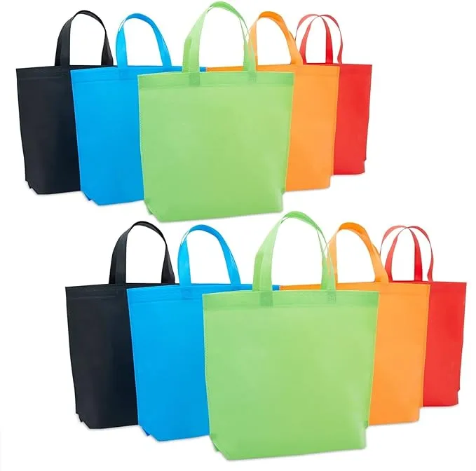 10 Pack Reusable Tote Bags with Handles for Shopping, Bulk Cloth Bags for Groceries (15x12.5 in, 5 Assorted Colors)