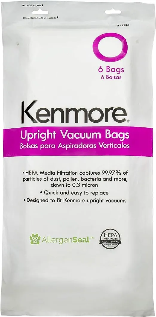 Kenmore 53294 Style O HEPA Cloth Vacuum Bags for Kenmore Upright Vacuum Cleaners 6 Pack,White