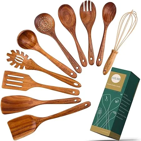 10 Pack Wooden Spoons for Cooking, Teak Wood Kitchen 10 pack wooden utensils