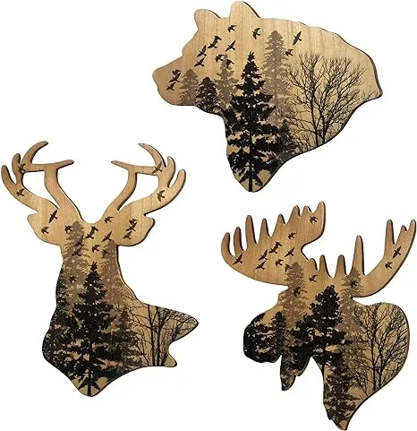 WAIU Wildlife Decor Wooden Wall Hanging Woodland Animals Wooden Rustic Lodge Decor Wall Art with Bear, Deer, and Elk (Set of 3) - Wooden Rustic Lodge Wall Decor and Art for Home, Living Room, Hunting Theme, Mountain Lodge, or Bathroom