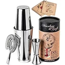 Mixology Cocktail Shaker Boston Shaker Set Professional Weighted Martini Shakers, Strainer and Japanese Jigger, Portable Bar Set for Drink Mixer Bartending, Exclusive Recipes Cards (Silver)