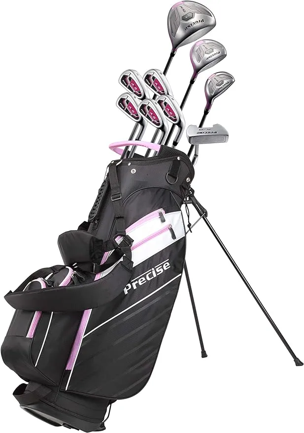 Precise AMG Ladies Womens Complete Golf Clubs Set Includes Driver, Fairway, Hybrid, 6-PW Irons, Putter, Stand Bag, 3 H/C's - Choose Color and Size!