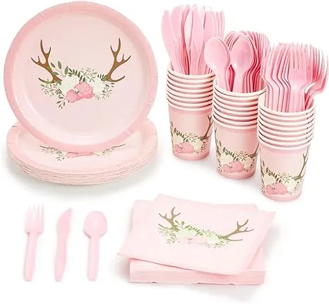 144 Piece Oh Deer Party Decorations for Girl Baby Shower, Woodland Theme Plates ...