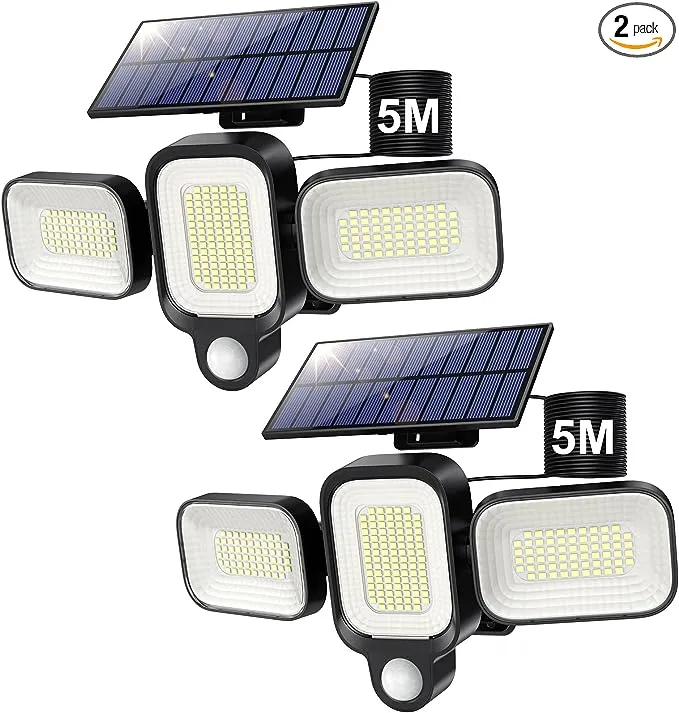 Solar Outdoor Lights, [2 Packs] 225 LED 3 Head Adjustable Motion Sensor Lights, 2500Lm 330° Wide Angle Solar Flood Lights, IP65 Waterproof Wall Lamp