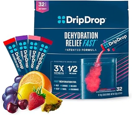 DripDrop Hydration - Electrolyte Powder Packets - Grape, Fruit Punch, Strawberry Lemonade, Cherry - 32 Count