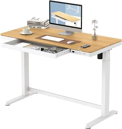 FLEXISPOT Comhar Electric Standing Desk with Drawers Charging USB Port, Height Adjustable 48" Whole-Piece Quick Install Home Office Computer Laptop Table with Storage (Maple Top + White Frame)