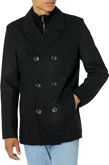 Kenneth Cole Men's Notched Lapel Wool Pea Coat Knit Bib