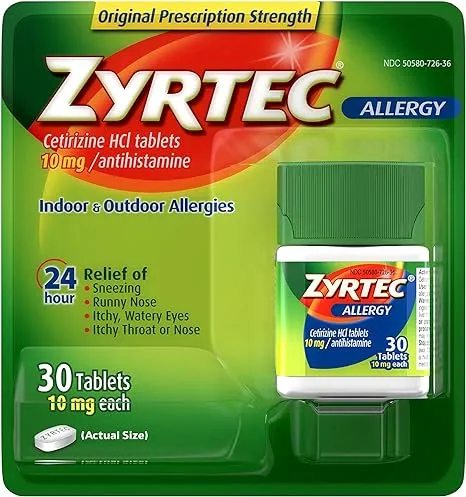 Zyrtec 24 Hour Allergy Relief Tablets, 10 mg Cetirizine HCl Antihistamine Allergy Medicine, 30 ct Red