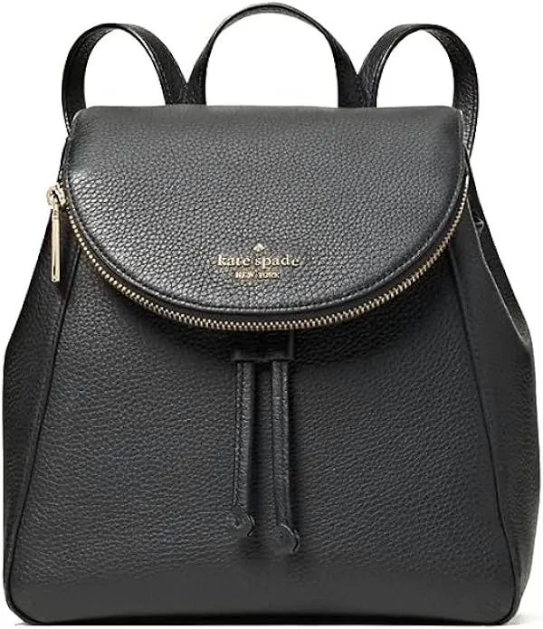 Kate Spade Leila Medium Flap Leather Backpack Black Pebbled Leather