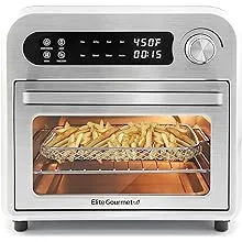 Elite Gourmet EAF1010D Programmable 10L Air Fryer Convection Countertop Oven, 8 Menu Settings, Temperature + Timer Controls, Bake, Toast, Broil, Air Fry, 1500W with Recipes, Steel Exterior