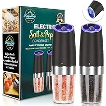 Electric Gravity Salt and Pepper Grinder set of 2, Automatic Salt and Pepper Mill Grinder, Adjustable Roughness, Battery Powered, Blue LED Light, Stainless Steel with One Hand Operation (Black)Electric Gravity Salt and Pepper Grinder set of 2, Aut…