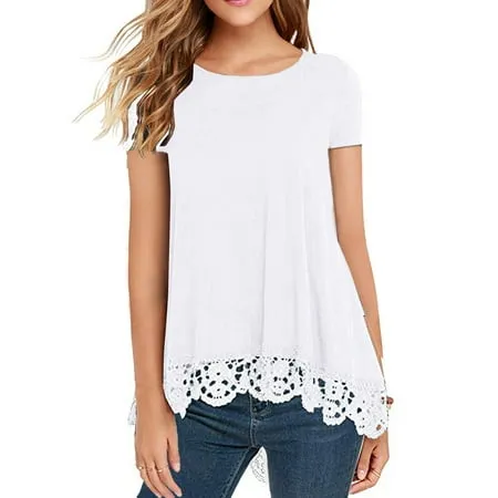 JWD Women's Tops Short Sleeve Lace Trim O-Neck A Line Tunic Blouse White-Large