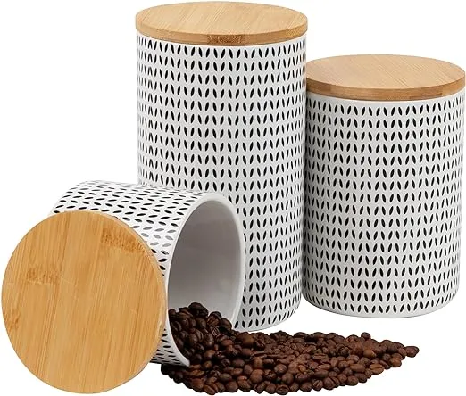 Mind Reader 3-Piece Canister Set, Sugar Container, Coffee Storage, Lids, Kitchen, Ceramic, 4"L x 4"W x 7"H, Black and White