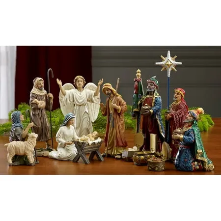 Three Kings Gifts Magi, Wise Men, Christmas Star, Angel, Shepherds, Sheep, Holy Family, Jesus in Manger, Real Gold in Trunk, Nativity Scene Set & Figures, 11-Pieces, for 7 inch Scale Collection