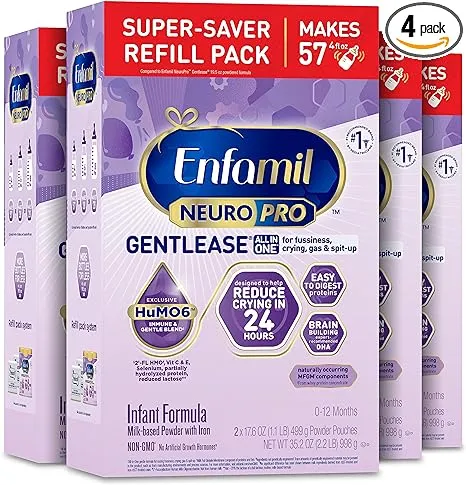 Enfamil NeuroPro Gentlease Baby Formula, Infant Formula Nutrition, Brain Support that has DHA, HuMO6 Immune Blend, Designed to Reduce Fussiness, Crying, Gas & Spit-up in 24 Hrs, 35.2 Oz, 4 Boxes