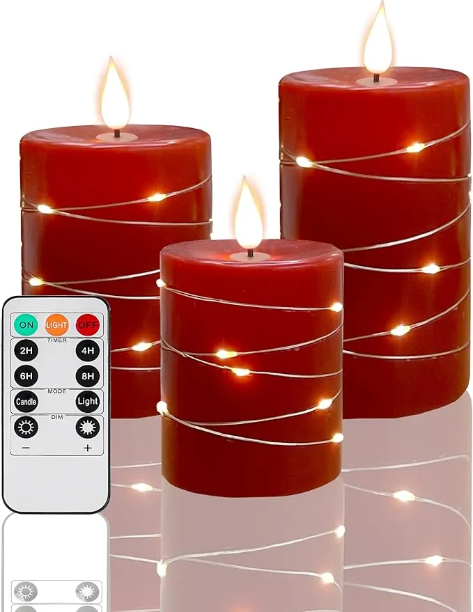 Flameless Candles with String Light, Outdoor LED Candle with Remote Control and Timer Plastic Wax Plated Battery Powered Ivory Candle for Indoor Outdoor Lanterns, Porch, Long Lasting, Set of 3