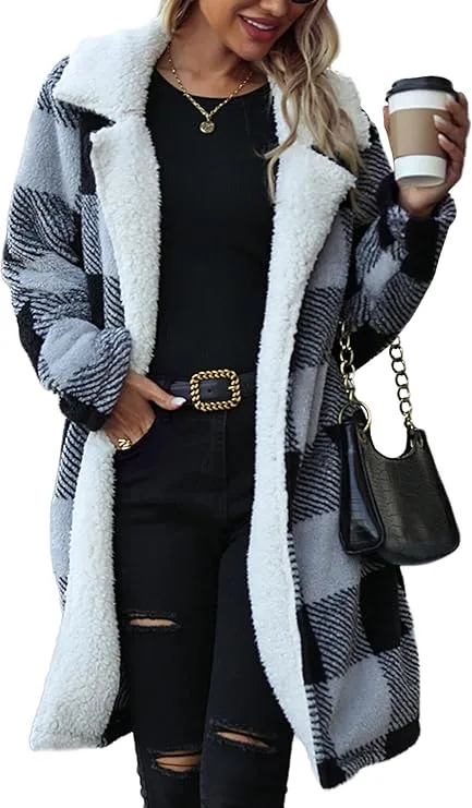 FSAHJKEE Women Winter Coat Fuzzy Fleece Jacket Hooded Colorblock Cardigan Coat Oversized Fluffy Sherpa Outerwear with Pockets