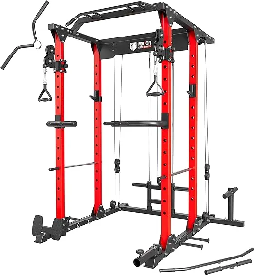 MAJOR LUTIE Power Cage, PLM03 1400 lbs Multi-Function Power Rack with Adjustable Cable Crossover System and More Training Attachment