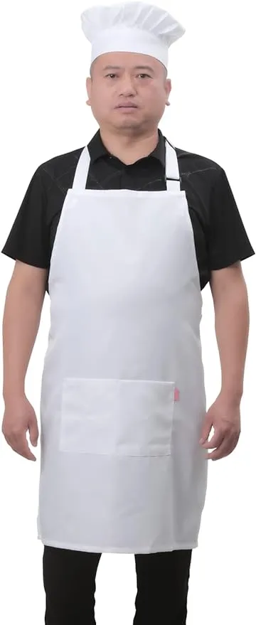 Bib Aprons Set for Women and Men, Kitchen Chef Apron with 2 Pockets and 40" Long Ties, Plus Size Adjustable Apron and Hat for Cooking - 32" x 28" - White