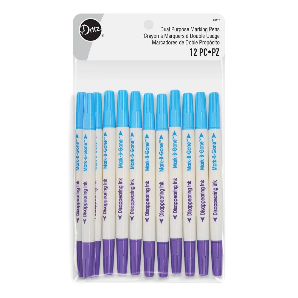 Dritz Dual Purpose B-Gone & Disappearing Ink, 12 pc Marking Pens, Blue/Purple Count