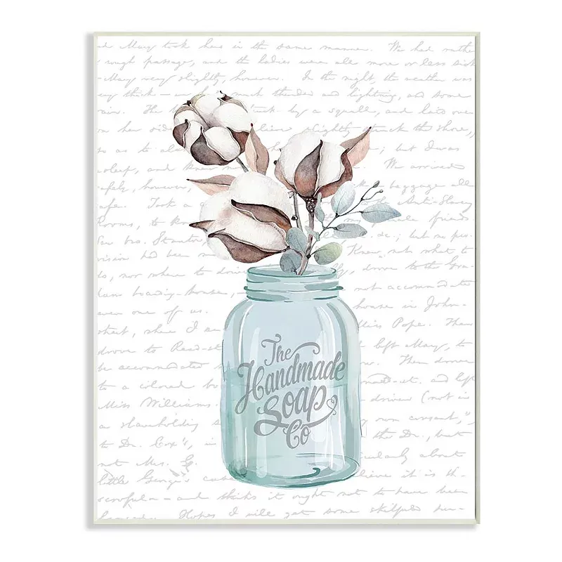 Stupell Industries Handmade Soap Jar Cotton Flower Bathroom Word, Design by Artist Lettered and Lined Wall Art, 10 x 15, Wood Plaque