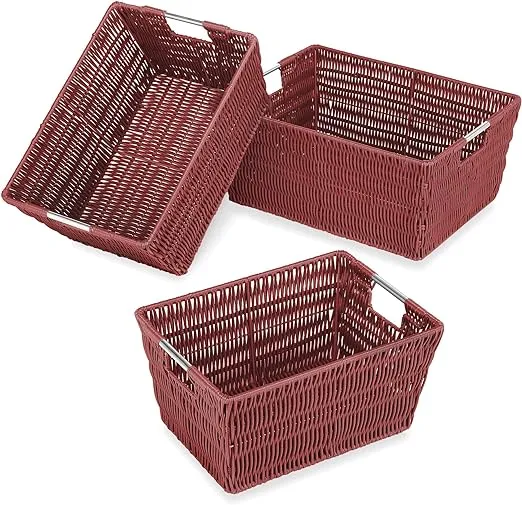 Whitmor 3 Pack Storage Baskets, Large Woven Baskets for Storage Shelves Home, Pantry Baskets Organization and Storage, Red.