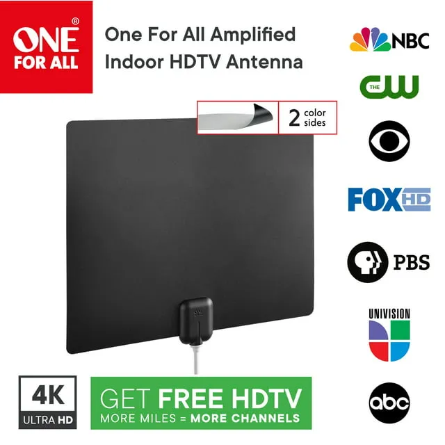 One For All 14542 Amplified Indoor Ultra-thin TV Antenna - Dual color (black/white) - Supports 4K 1080p