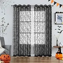 Black Lace Curtains for Bedroom 84 Inches Long Elegant French Rose Embroidered