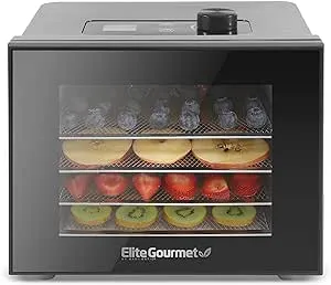 Elite Gourmet Food Dehydrator, Stainless Steel Trays Food Dehydrator, Adjustable Temperature Controls, Jerky Herbs Fruit Veggies Snacks, Black, 4 Trays (EFD308#)