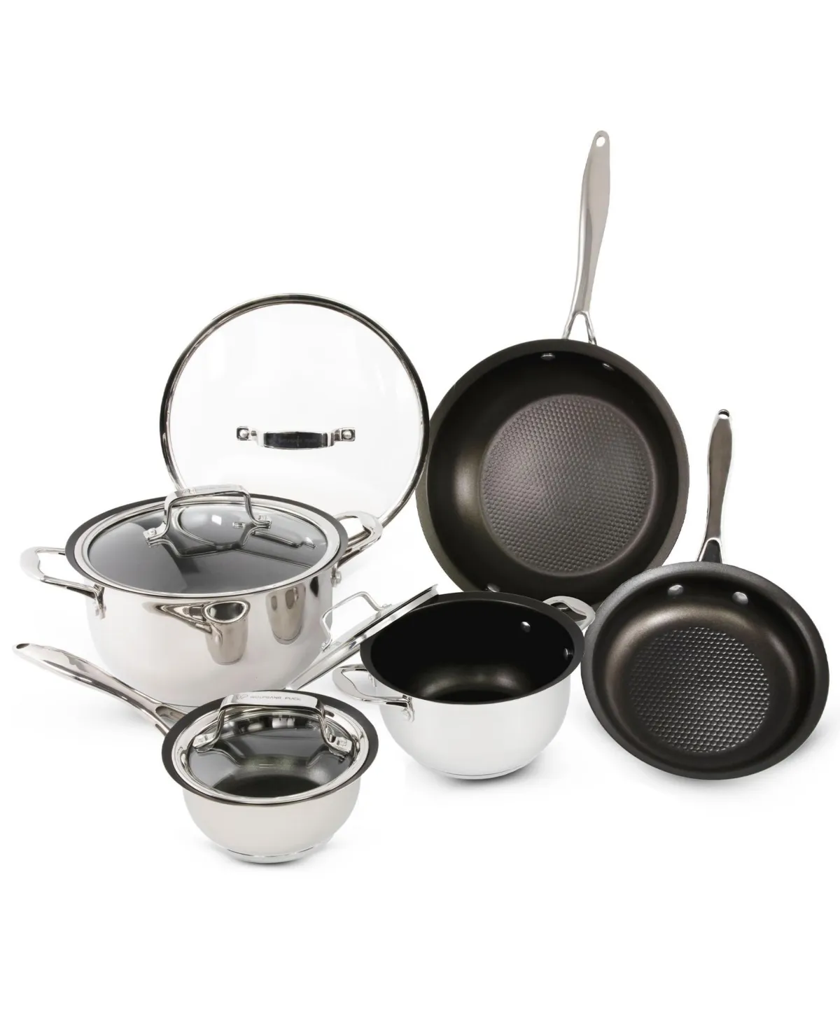 Wolfgang Puck 9-Piece Stainless Steel Cookware Set; Scratch-Resistant Non-Stick Coating; Includes Pots, Pans and Skillets; Clear Lids and Cool Touch Handles, Extra-Wide Rims for Easy Pouring