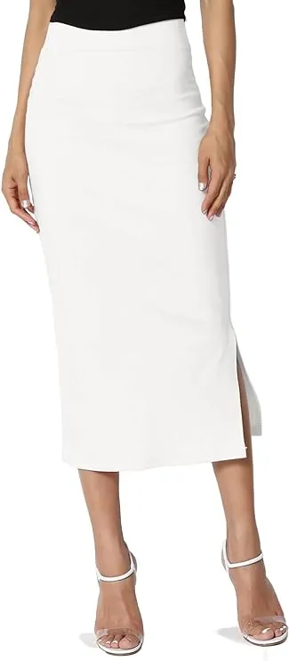 TheMogan Side Slit High Waist Stretch Ponte Knit Mid Calf Long Pencil Skirt