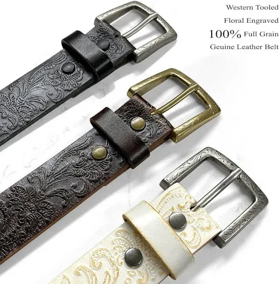 Cowboy Cowgirl Western Tooled Floral Embossed Full Grain Genuine Leather Belt Strap 1-1/2"(38mm) Wide