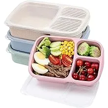 buluker 4 Pack Bento Lunch Box Set 3 Compartment Wheat Straw Meal Prep Food Storage Containers Plastic, Microwave and Dishwasher Safe (3 Compartment)